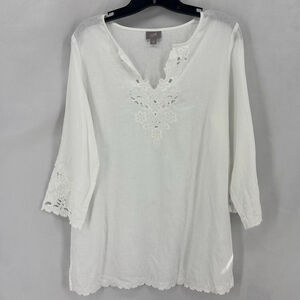 J. Jill Women's Small White Linen Blend Floral Eyelet Cutout Lightweight Tunic